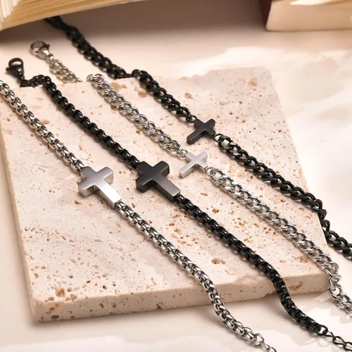 Vista 6 de Pulseras de cadena cruz para hombres y mujeres, pulseras de encantos de cruz de acero inoxidable plateado/negro para hombres, joyería de fe