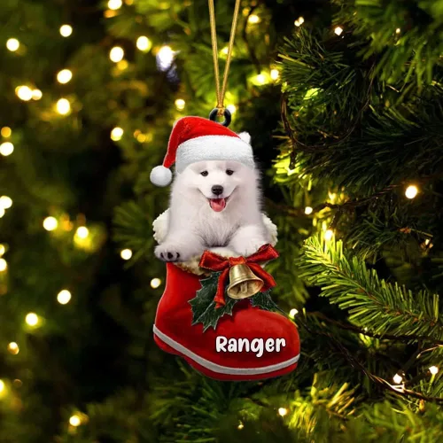 Vista 33 de Amantes de los perros de Navidad – Akita Inu Dog in Santa Boot Adorno de Navidad, adorno personalizado en forma 2D, adorno de Navidad, personaliza