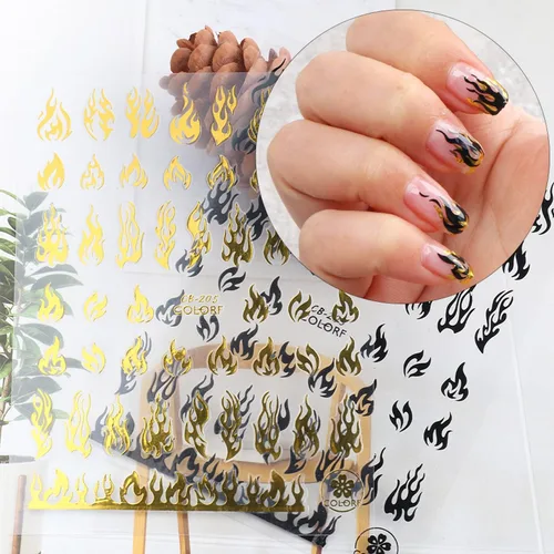 Vista 3 de 10 hojas de calcomanías de arte de uñas, calcomanías de arte de uñas doradas y negras, diseño de llama, calcomanías de uñas autoadhesivas 3D