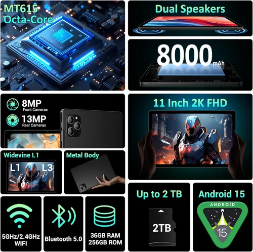 Vista 2 de Tablet Android 15, pantalla FHD de 11 pulgadas 2K 36 GB de RAM 256 GB ROM /2 TB TF T615 Octa-Core, tableta Android 2 en 1 con teclado, batería