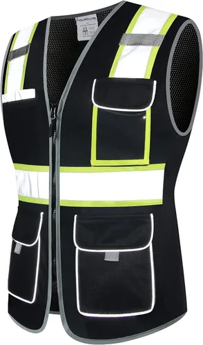 Vista 5 de Chaleco de seguridad para mujeres, chaleco de trabajo reflectante de alta visibilidad con 9 bolsillos múltiples y cremallera Negro