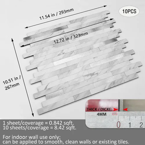 Vista 2 de Azulejos con acabado metálico para cocina, autoadhesivos, mármol plateado y blanco, estilo metro Azulejos para decorar cocina, lavandería