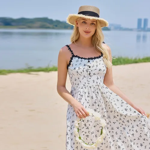 Vista 7 de Sombrero de paja para mujer con protección solar UPF 50+, sombrero de flores UV de viaje de verano