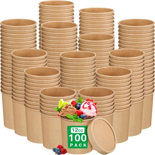Vista 8 de Irenare 100 vasos de papel para helado de 12 onzas con tapas, cuencos desechables para postres, recipientes de sopa caliente, recipientes de papel