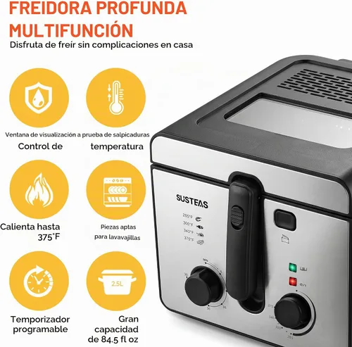 Vista 4 de SUSTEAS Freidora eléctrica con canasta, freidora de aceite para uso