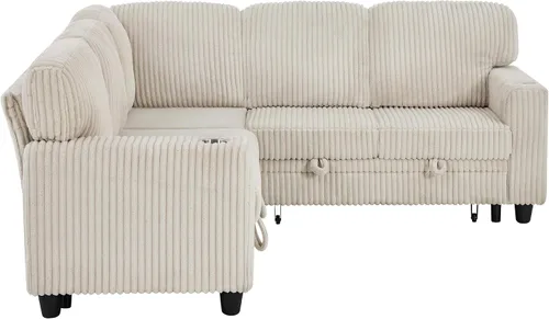 Vista 4 de ERYE L-Shaped Convertible Sofa Bed W/Pull Out Sleeper Couch Bed, 81" Plush Corduroy Sectional Couch with Symmetrical Corner Sectional Sleeper Sofa