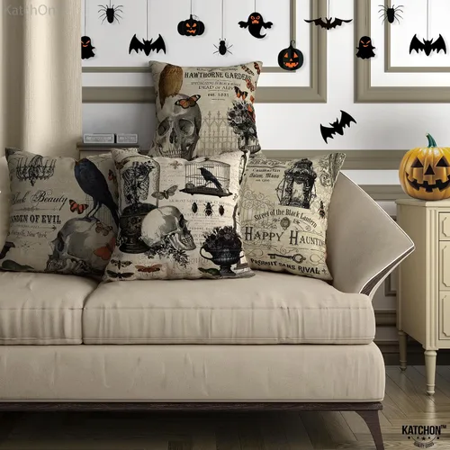 Vista 6 de KatchOn, Fundas de almohada vintage de Halloween de 18 x 18 pulgadas, paquete de 4 fundas de almohada de calavera Fundas de cojín de calabaza
