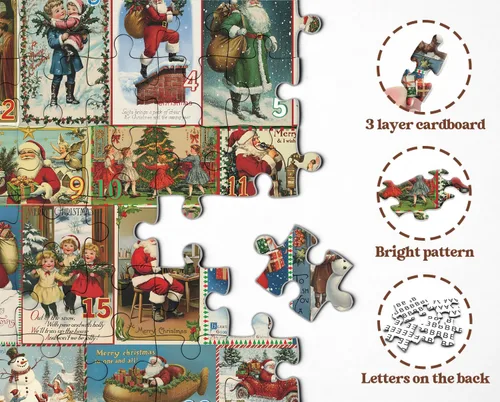 Vista 4 de Rompecabezas de Navidad vintage para adultos de 1000 piezas, rompecabezas de vacaciones de Navidad con 24 postales de Navidad, rompecabezas