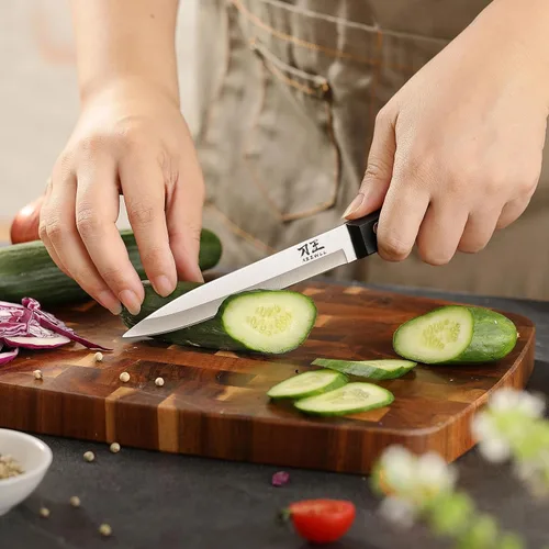 Vista 6 de Juego de cuchillos de cocina de 5 piezas, juego de cuchillos sin bloque con fundas, hoja afilada de acero inoxidable y mango cómodo, juego
