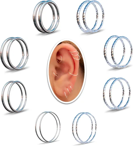 Vista 20 de Aretes de aro de oro de plata – Aretes de aro para mujer, dos piezas de aros de plata fina rellenos de oro, aro de hélice, anillo de tragus, aro