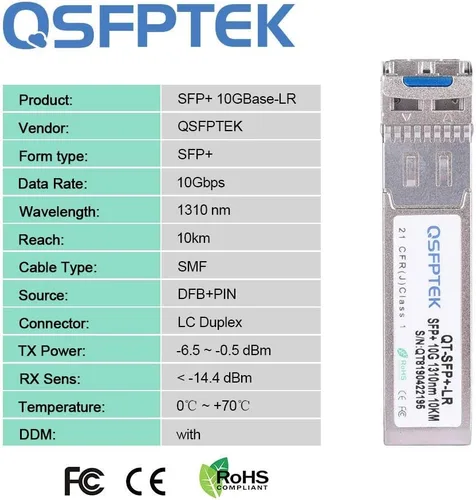 Vista 6 de QSFPTEK Módulo SFP+ 10G 10GBASE-LR 1310nm 10km DDM SMF LC Transceptor SFP+ de Modo Único Compatible para Arista SFP-10G-LR
