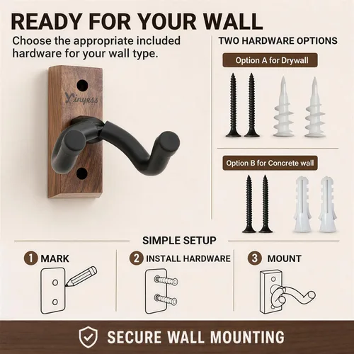 Vista 5 de Soporte de pared para guitarra, paquete de 3 con soporte para púas y 6 púas de celuloide, colgador de guitarra de madera de nogal en forma de U