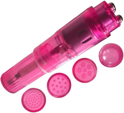 Vista 4 de Mini bolígrafo masajeador de mano con 4 cabezales para cara, cuello, cabeza, espalda (paquete de 2 rosas)