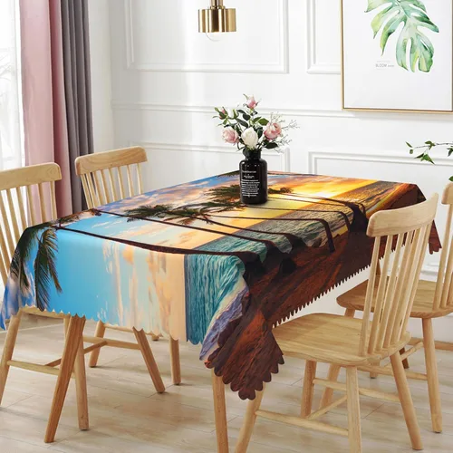 Vista 14 de Mantel oblongo, diseño de playa de 52 x 70 pulgadas, diseño de playa con estrellas de mar y olas de mar, con decoración impermeable y resistente a