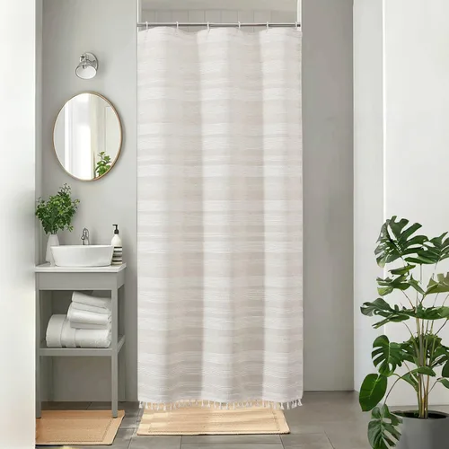 Vista 13 de OVZME Cortina de ducha bohemia negra, cortina de ducha estrecha de tela suave a rayas de lino texturizado con borla, moderna decoración de baño