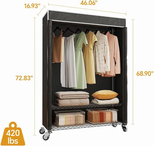 Vista 4 de Higeego H4 Plus Perchero Enrollable con Cubierta, Perchero de Ropa Resistente con Ruedas, Closet Portátil para Colgar Ropa, Organizador