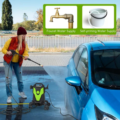 Vista 9 de Goplus Lavadora a presión eléctrica, 2400 PSI 1.7 GPM Lavadora de alta presión con 4 boquillas rápidas y ruedas universales, lavadora a presión