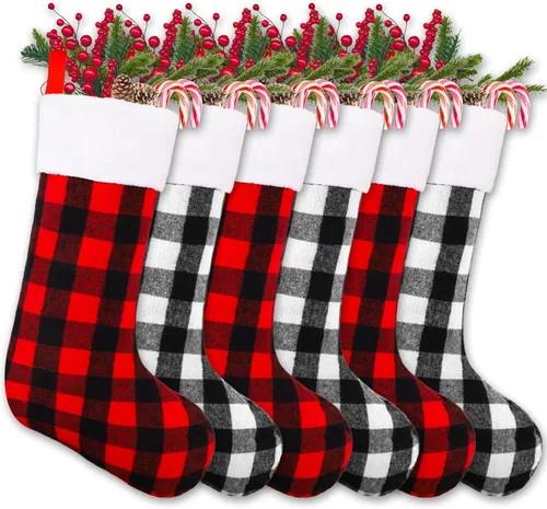 Vista 10 de YUJUN Paquete de 6 medias de Navidad de 22 pulgadas, medias grandes de Navidad a cuadros de búfalo negro y rojo, decoraciones colgantes para árbol