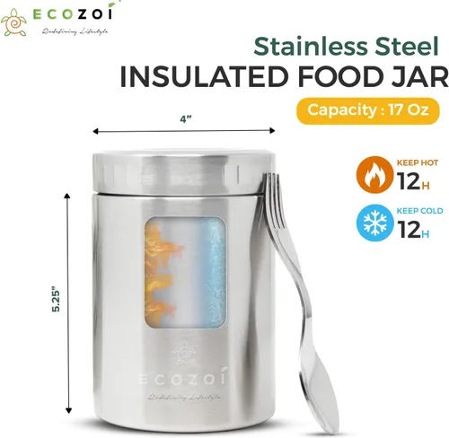 Vista 3 de ecozoi Lonchera aislada de acero inoxidable, tarro de alimentos aislado al vacío, 17 onzas + tenedor + bolsa de almuerzo
