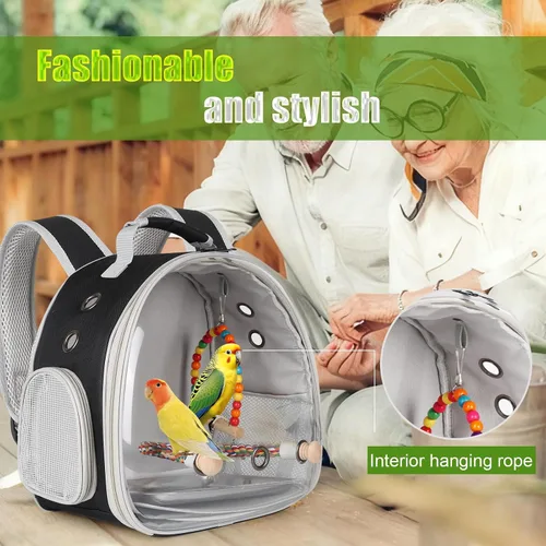 Vista 4 de Jaula portátil de viaje para loros con juguete pequeño oscilante y jaula de juguetes coloridos, bolsa de periquito para pájaros pequeños con bolsa