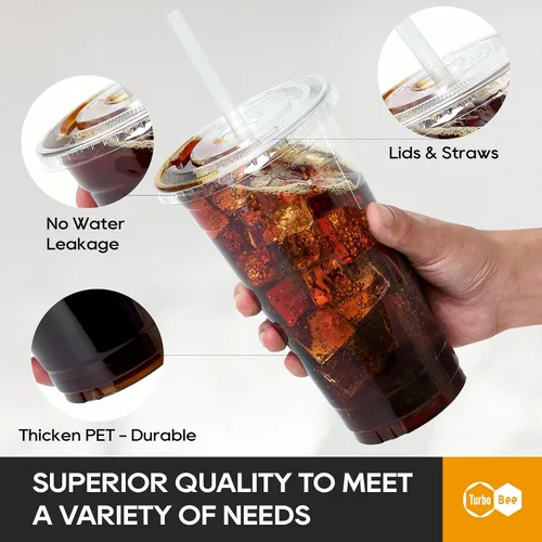 Vista 3 de Turbo Bee - 25 juegos de vasos de plástico transparente de 32 oz con tapas y popotes desechables para llevar, vasos con tapas para café helado