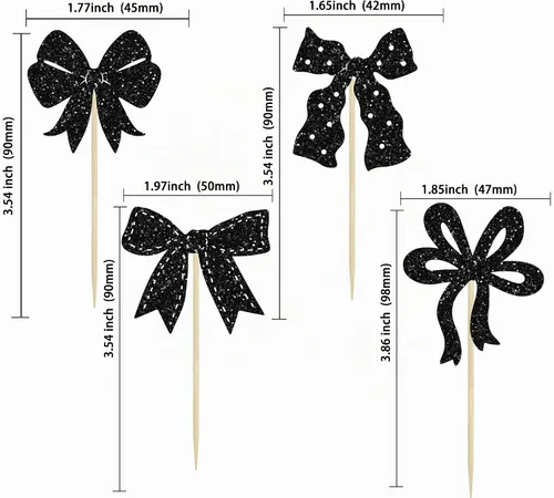Vista 2 de Ephlyn 24 adornos para cupcakes con lazo para decoración de pastel de cumpleaños, decoración de fiesta de cumpleaños para niñas, decoración de Negro