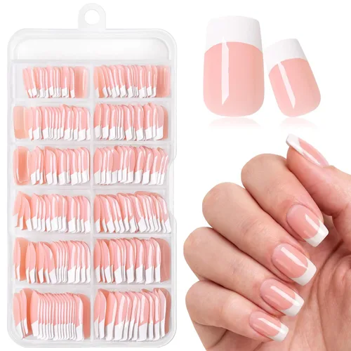 Vista 11 de 240 uñas postizas de punta francesa a presión, uñas postizas medianas de almendra, uñas blancas de punta francesa a presión, uñas acrílicas a