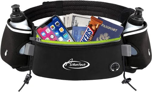 Vista 12 de AiRunTech Cinturón de hidratación para correr con botella de agua, riñonera para teléfono y cartera, bolsa de correr, accesorios esenciales BK+BK