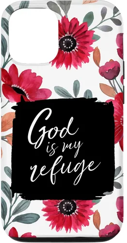 Vista 28 de God is My Refuge - Carcasa para iPhone 16, diseño de flores rojas con versículo bíblico del Salmo 91