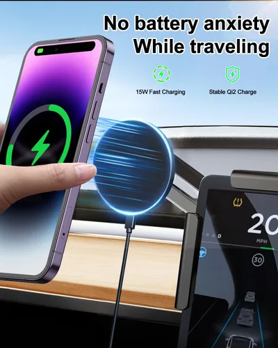 Vista 5 de Soporte para cargador de teléfono Tesla Model Y Model 3 Cybertruck de 15 W [sin luz molesta], cargador de montaje de teléfono para automóvil