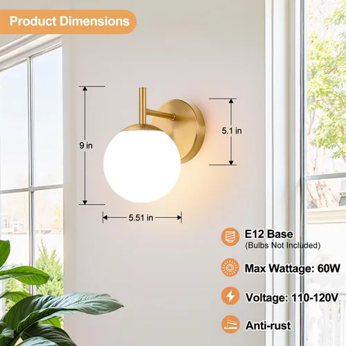 Vista 7 de Juego de dos apliques de pared dorados, paquete de 2 lámparas de baño de oro cepillado con vidrio de globo blanco lechoso, apliques modernos