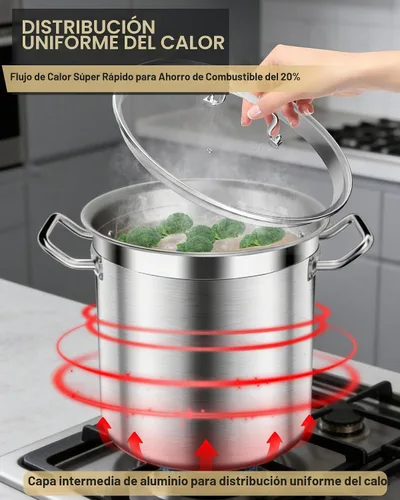Vista 4 de STOCKPOT Olla de acero inoxidable de 20 cuartos de galón con tapa de vidrio templado, base de 3 capas, 8.8 libras, acabado pulido, adecuada