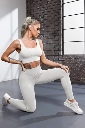 Vista 5 de QINSEN FAFOFA - Conjunto de 2 piezas de entrenamiento, para mujer, brasier deportivo sin costuras, cintura alta, leggings de yoga.