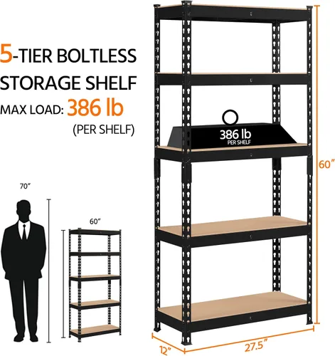 Vista 3 de Topeakmart Estantes utilitarios de 5 niveles, estantes de almacenamiento de metal, estanterías ajustables, montaje sin tornillos, estantes de Negro