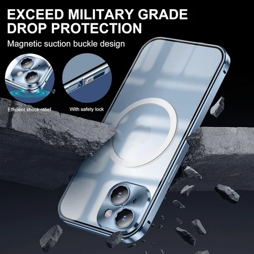 Vista 3 de Funda para iPhone 14, protección de doble cara de 360 grados, compatible con Magsafe de absorción magnética, parachoques de metal frontal de vidrio