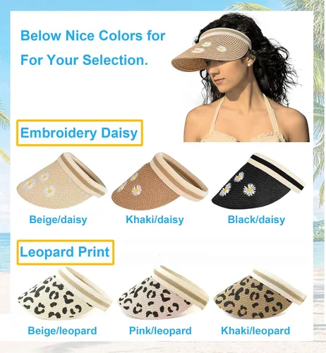 Vista 7 de Sombrero de paja con protección UV, visera de playa, sombrero de ala ancha, estampado de leopardo, enrollable, plegable para mujer