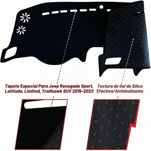 Vista 2 de Funda para salpicadero interior compatible con Jeep Renegade SUV Sport Latitude Limited Trailhawk 2015-2022 Protector de rayos UV (borde negro)