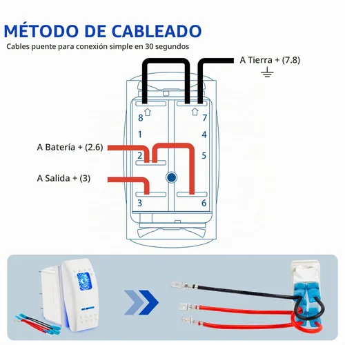 Vista 6 de Interruptor basculante blanco de 5 pines, luz LED azul de encendido/apagado, 20A/12V, 10A/24V, interruptor de palanca con cables de puente