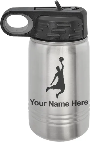Vista 44 de LaserGram Botella de Agua Personalizada, Basketball Slam Dunk Man, Acero Inoxidable de Doble Pared con Aislamiento al Vacío con Pajita Abatible