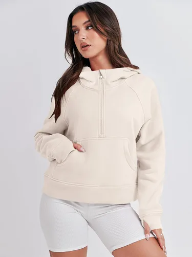 Vista 7 de ANRABESS Sudaderas con capucha corta con media cremallera para mujer, sudadera de forro polar con cremallera de un cuarto, ropa de invierno 2023