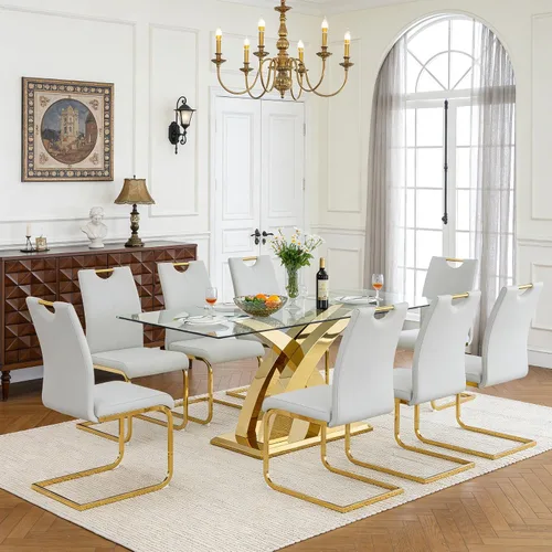 Vista 40 de Juego de mesa de comedor de vidrio de 70 pulgadas para 4, mesa rectangular de cristal dorado con 4 sillas de piel sintética, juego de mesa de Mesa