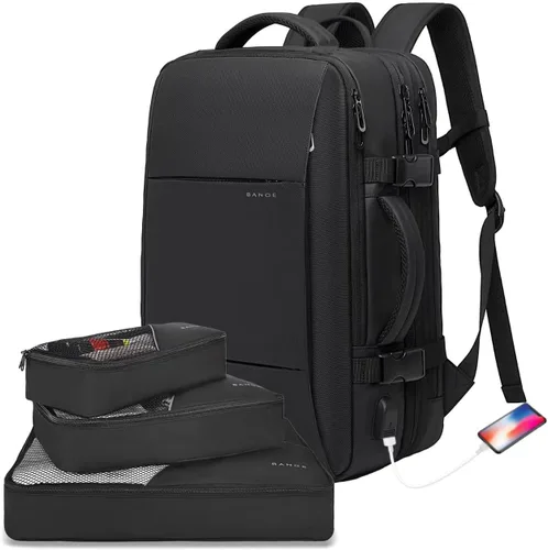 Vista 8 de BANGE Mochilas de viaje de 35L, mochila de mano expandible para aviones, mochila impermeable para laptop de 17.3 pulgadas para hombres y mujeres