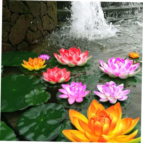 Vista 4 de Yardwe Flores de loto flotantes artificiales para decoración de agua simulada de estanque fáciles de instalar