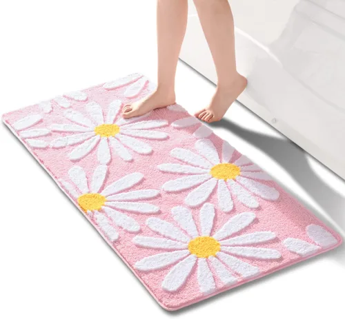 Vista 33 de QJHOMO Alfombra de baño beige con diseño de margaritas, decoración de flores blancas y amarillas, alfombra antideslizante de microfibra, súper