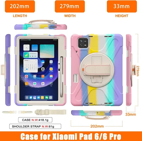 Vista 9 de Funda para Xiaomi Mi Pad 6/Mi Pad 6 Pro, funda resistente a prueba de golpes de 11 pulgadas, soporte giratorio 360, correa de mano, correa de rosado