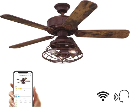 Vista 2 de Westinghouse 74001B00 Barnett de estilo vintage, ventilador de techo inteligente WiFi compatible con Amazon Alexa y Google Home con luz LED, control