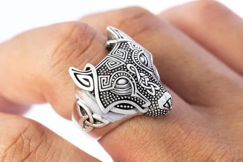 Vista 3 de Anillo de triquetra celta nórdico con cabeza de lobo vikingo de plata de ley 925 (13), Plata de ley, Sin piedras preciosas
