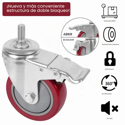 Vista 4 de DICASAL Ruedas de vástago resistente de 3 pulgadas Ruedas de rosca giratorias de 360 grados con tamaño métrico M12-1.75 Tornillo de doble bloqueo