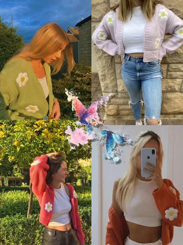 Vista 6 de Cárdigan Y2K para mujer, de manga larga, parte delantera abierta, recortado, cárdigan de punto floral, estético de los años 90, trajes de regreso a