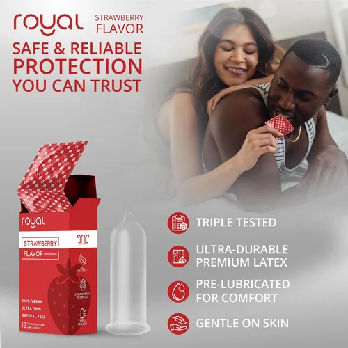 Vista 5 de Royal Preservativos de látex natural ultrafinos con sabor a fresa, lubricado de alta calidad, látex fuerte, no tóxico, orgánico, vegano, delgado